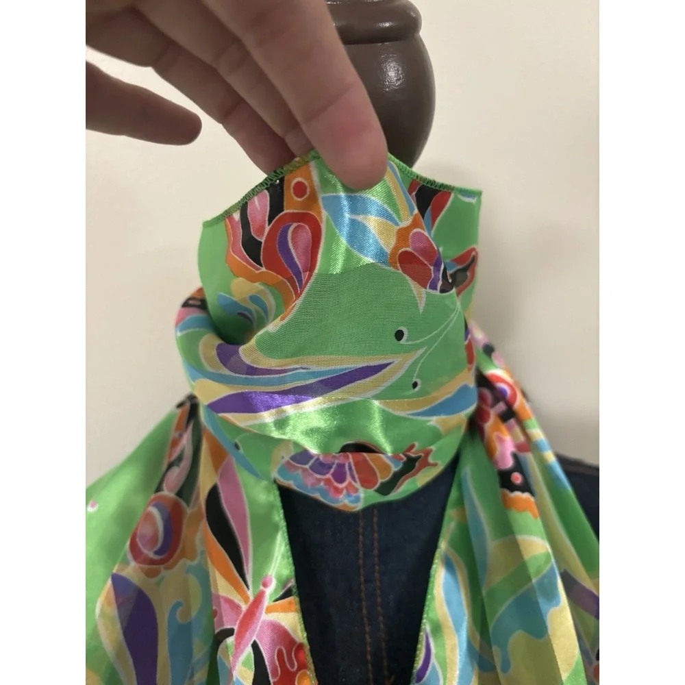 Vibrant Butterfly Scarf Polyester Sheer Green Long Rectangle Neck